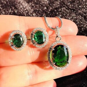 MAISHA WEAR YOUR VIBE Emerald Crystal Pendant Set with Earrings, Oval Halo Design, Rhodium Plated